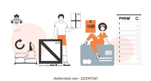 Girl and guy delivers parcels. Linear modern style.