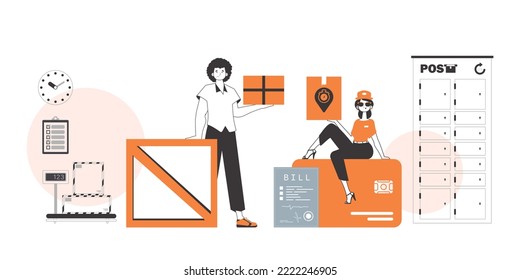 Girl and guy delivers parcels. Linear style.