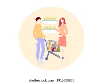 Girl and guy do shopping in the supermarket, a vector chart