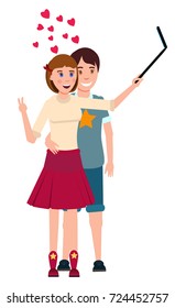 a girl and a guy doing selfie on phone, lovers ,pair , vector illustration on white background