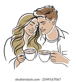 Girl and Guy Drinking Coffee, Lovers with Cups of Tea or Coffee in Embraces. Concept of Love, Family, Comfort, Catering