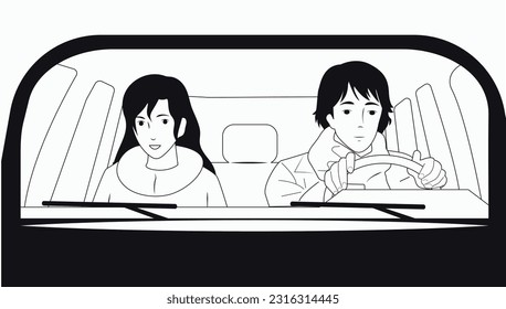 A girl and a guy are driving in a car. Black and white. Vector