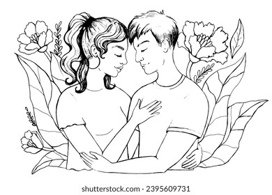 A girl and a guy in an embrace. Showing tenderness and love. Beautiful romantic hand-drawn black and white illustration with flowers.