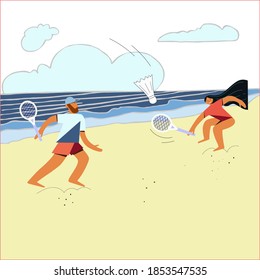 a girl and a guy enthusiastically play badminton on the seashore (ocean)