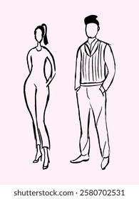 Girl and guy, freehand drawing style.