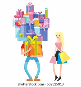 A girl and a guy and a lot of gift boxes