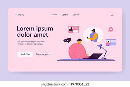 Girl and guy having romantic online chat on dating website at laptop, using computer, sending messages, finding partner. Vector illustration for social media communication, romance concept