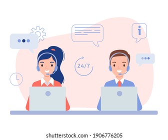 A girl and a guy in headphones, the concept of a call center and online customer support. Vector illustration in flat style.