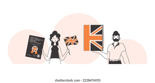 Girl and guy helps teaches English. The concept of learning a foreign language. Lineart style.