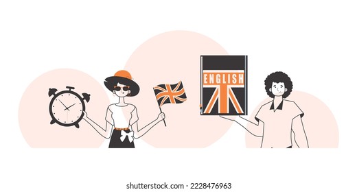 Girl and guy helps teaches English. The concept of learning a foreign language. Linear style.