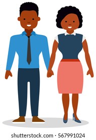 Girl and guy hold each other's hands. Young happy family. African-American family. African ethnic people. White background. Flat vector illustration