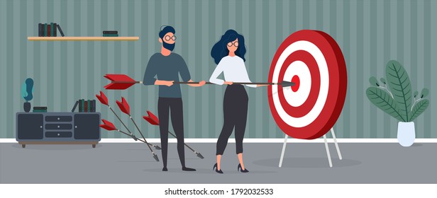Girl and the guy are holding an arrow. Arrow hits the target. Teamwork concept. Vector.