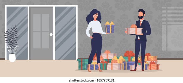 The girl and the guy are holding gifts in their hands. Woman and man with gifts in their hands. Holiday concept. Vector.