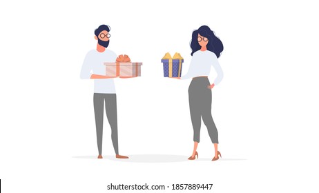 The girl and the guy are holding gifts. Woman and man with gifts in their hands. Isolated, vector.