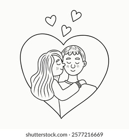 A girl and a guy hug. A vector illustration of a couple in love, perfect for wedding decoration, Valentine's Day and more.Two lovers. A heart-shaped frame.