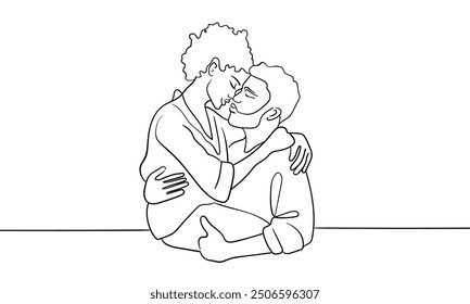 Girl and guy hugging continuous line art drawing isolated on white background. Relationship. Vector illustration