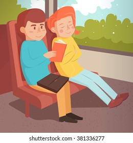 Girl and a guy inside the bus. Trip. Man reads. Vector illustration. Cartoon characters.