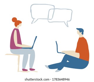 Girl And Guy With Laptop Flat Character Flat Vector