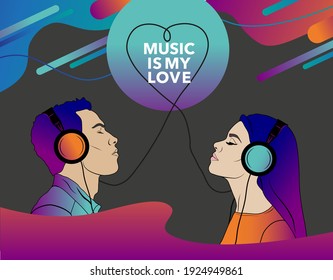 girl and guy listening to music on headphones. A couple in love listening to quiet music together with their eyes closed