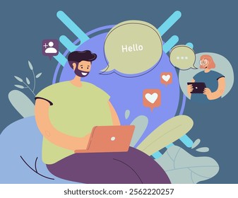 Girl and guy in love chatting online. Couple sending messages on social media. Vector illustration for dating website, finding partner, relationship on internet, romance concept