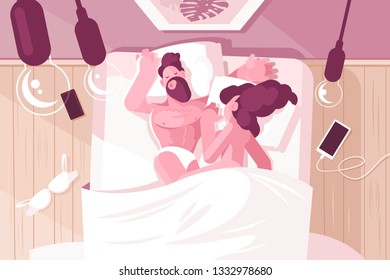 Girl and guy lying in bed vector illustration. Cartoon young man and woman sleeping in bedroom together flat style concept. Sweet couple sleeping embracing. Cozy home interior