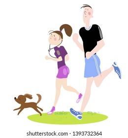 A girl and a guy, a married couple, and with them dogs, a pet, exercising outdoors, cardio exercises, running, color, cartoon illustration in vector for advertising of the sports complex, stadium