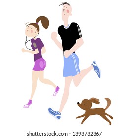 A girl and a guy, a married couple, and with them dogs, a pet, exercising outdoors, cardio exercises, running, color, cartoon illustration in vector for advertising of the sports complex, stadium