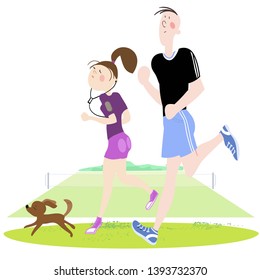 A girl and a guy, a married couple, and with them dogs, a pet, exercising outdoors, cardio exercises, running, color, cartoon illustration in vector for advertising of the sports complex, stadium