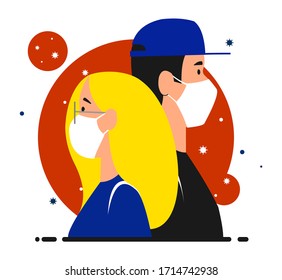 A girl and a guy in medical masks stand back to back. viruses around them in the air. Together against coronavirus. Stay home, quarantine, isolation concept. Vector image.