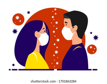 A girl and a guy in medical masks are standing opposite each other, between them are viruses. Separated due to coronavirus. Stay home, quarantine, isolation concept. Vector image.