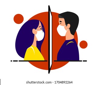 A girl and a guy in medical masks are standing opposite each other, between them is a glass, a window. Separated due to coronavirus. Stay home, quarantine, isolation concept. Vector image.