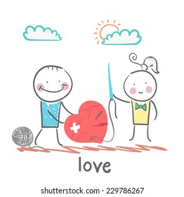 a girl and a guy with a needle and thread sewn heart
