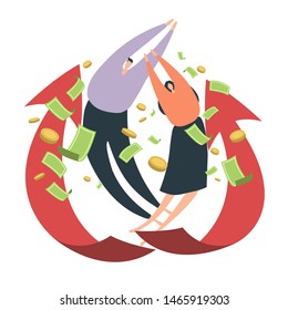 The girl and the guy on the background of large red arrows, bills and coins