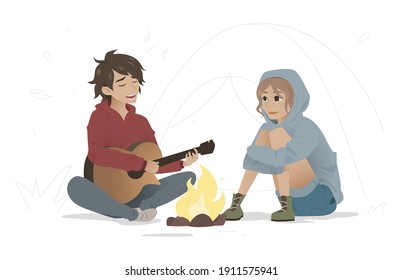 Girl and a guy on a camping play the guitar by the fire (v.2)