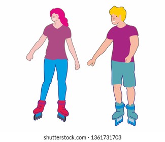 Girl and guy on roller skates, couple of happy teens on roller skates. Vector illustration, isolated on white background.