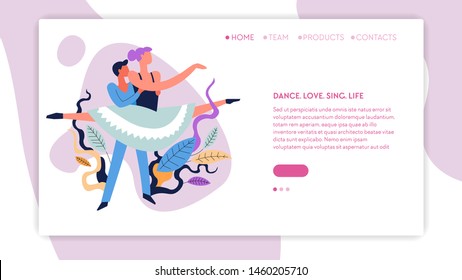 Girl and guy partners ballet dancing dance classes online signing up web site page template vector moves and poses man and woman sport and hobby competition and tournament tutu and pointe shoes