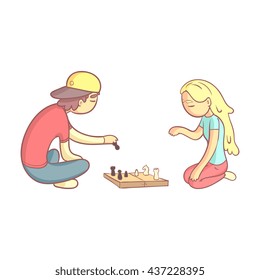 Girl And Guy Playing Chess Flat Outlined Pale Color Funny Hand Drawn Vector Illustration Isolated On White Background