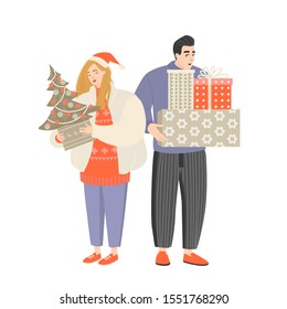 A girl and a guy are preparing for Christmas and New Year with a Christmas tree in their hands and boxes with Christmas gifts. Vector illustration of a cute couple.