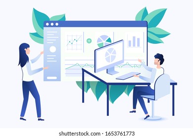 Girl and guy present and work on project, diagram and graphs. Business presentation, coworking, illustration.
