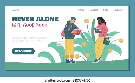 Girl and guy read good books with enthusiasm. Web banner with student readers in flat vector illustration isolated on white background. University library, college modern education