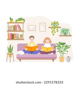 Girl and a guy are reading books while sitting on a couch surrounded by potted flowers. The concept of a healthy atmosphere in the apartment, comfortable to live in, thanks to the many indoor plants.