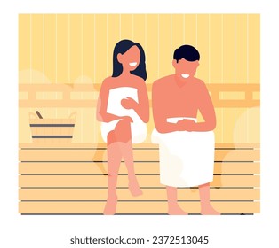 Girl and guy relaxing in hot sauna. Couple washing in Russian bathhouse. Hygiene and skin beauty. People sitting on wooden bench. Spa procedure. Relaxation and wellness