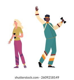 Girl and guy in retro sports suits in the style of the 80s. Flat illustration. On a transparent background.