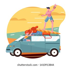 girl and guy ride in car for holidays, happy summer with friends, road trip and surfing, vector illustration in flat style with color characters
