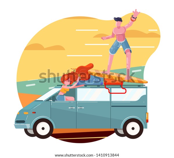 girl and guy ride in car for holidays, happy\
summer with friends, road trip and surfing, vector illustration in\
flat style with color\
characters
