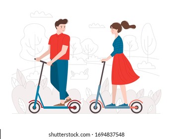 A girl and a guy ride an electric scooter in a city Park. Mobility, ecology, speed. Modern eco-friendly transport. Flat style.