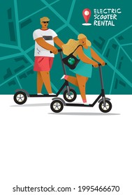 Girl and a guy ride electric scooters on the background of a city map with streets. Banner concept about renting an urban eco-friendly transport. Electric scooter service. Cartoon vector illustration