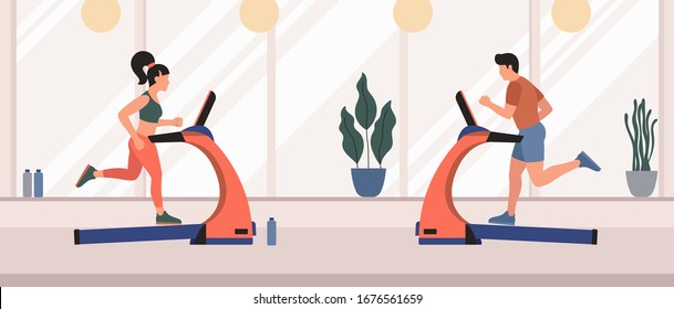 Girl and guy run on treadmills in a fitness gym vector illustration. Young people on a daily run. The concept of sport and a healthy lifestyle. Physical activity and training.