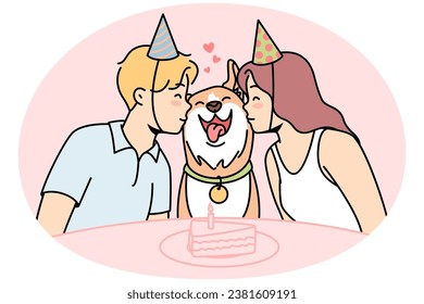 Girl, guy sit at festive table with cake, kiss happy dog in center. Family canine pet celebrates his first birthday surrounded by loving young owners in party hats. Vector colored linear illustration.