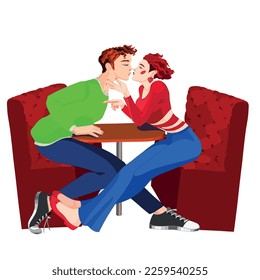 In a café, a girl and a guy sit at a table a romantic game 